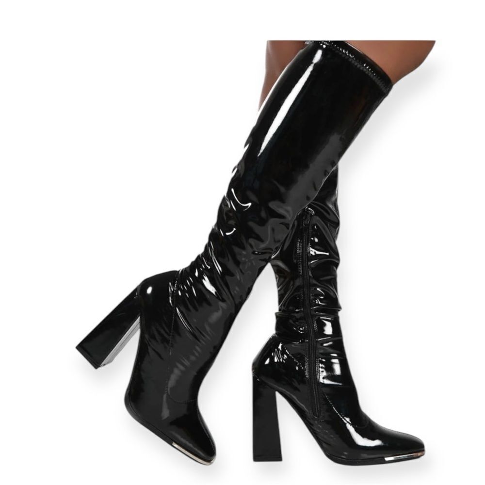 Public Desire Caryn Black Patent Wide High Block High Heel Boots Silver Tip Sz 6